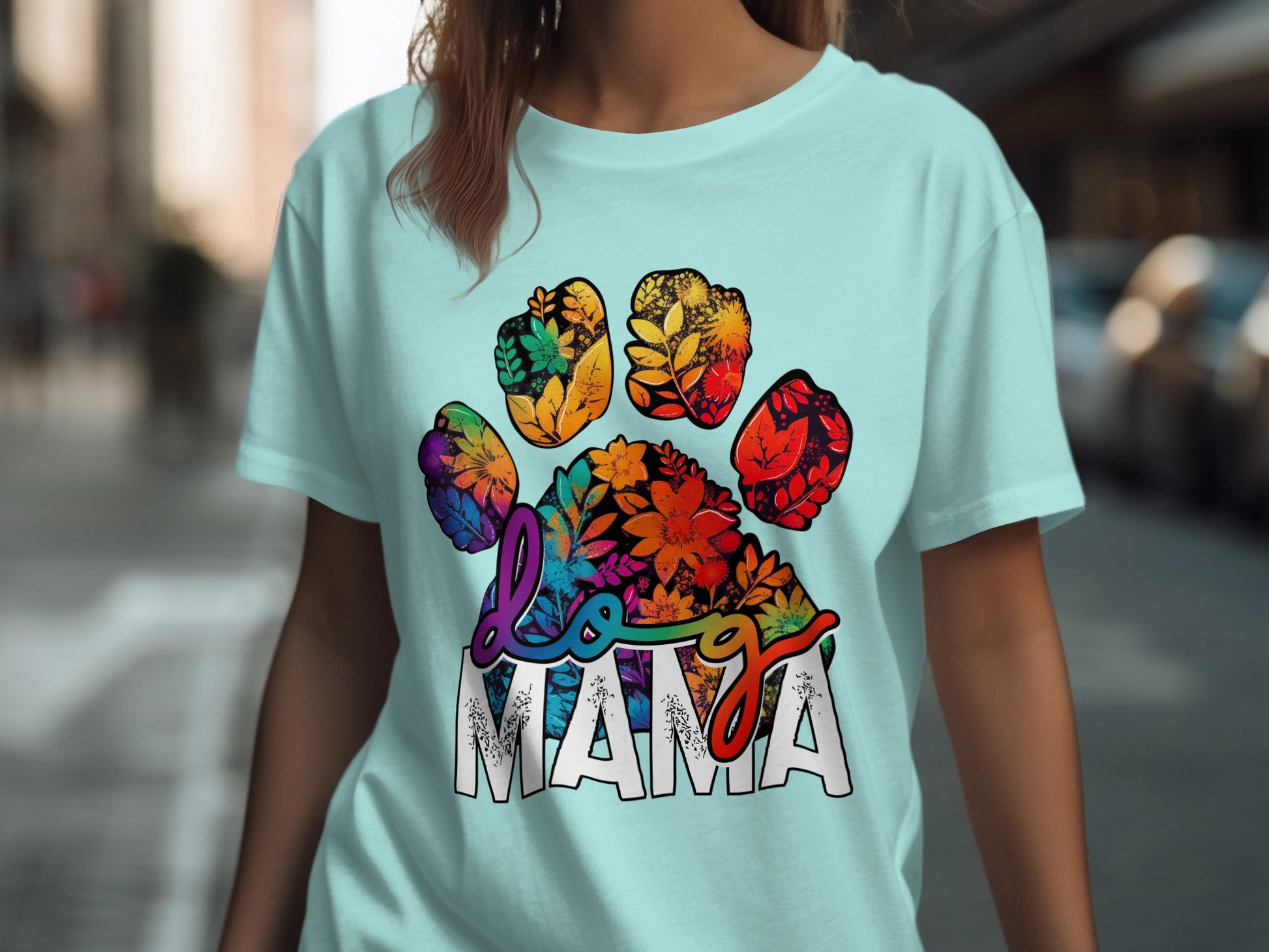 Colorful Dog Mama Shirt with Floral Paw Print Design