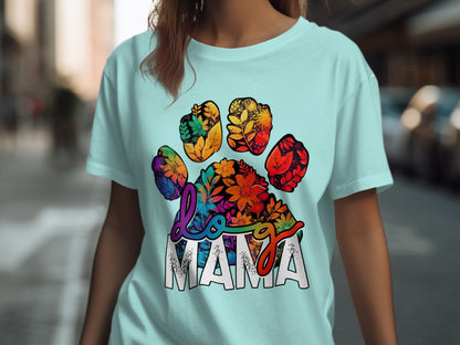 Colorful Dog Mama Shirt with Floral Paw Print Design