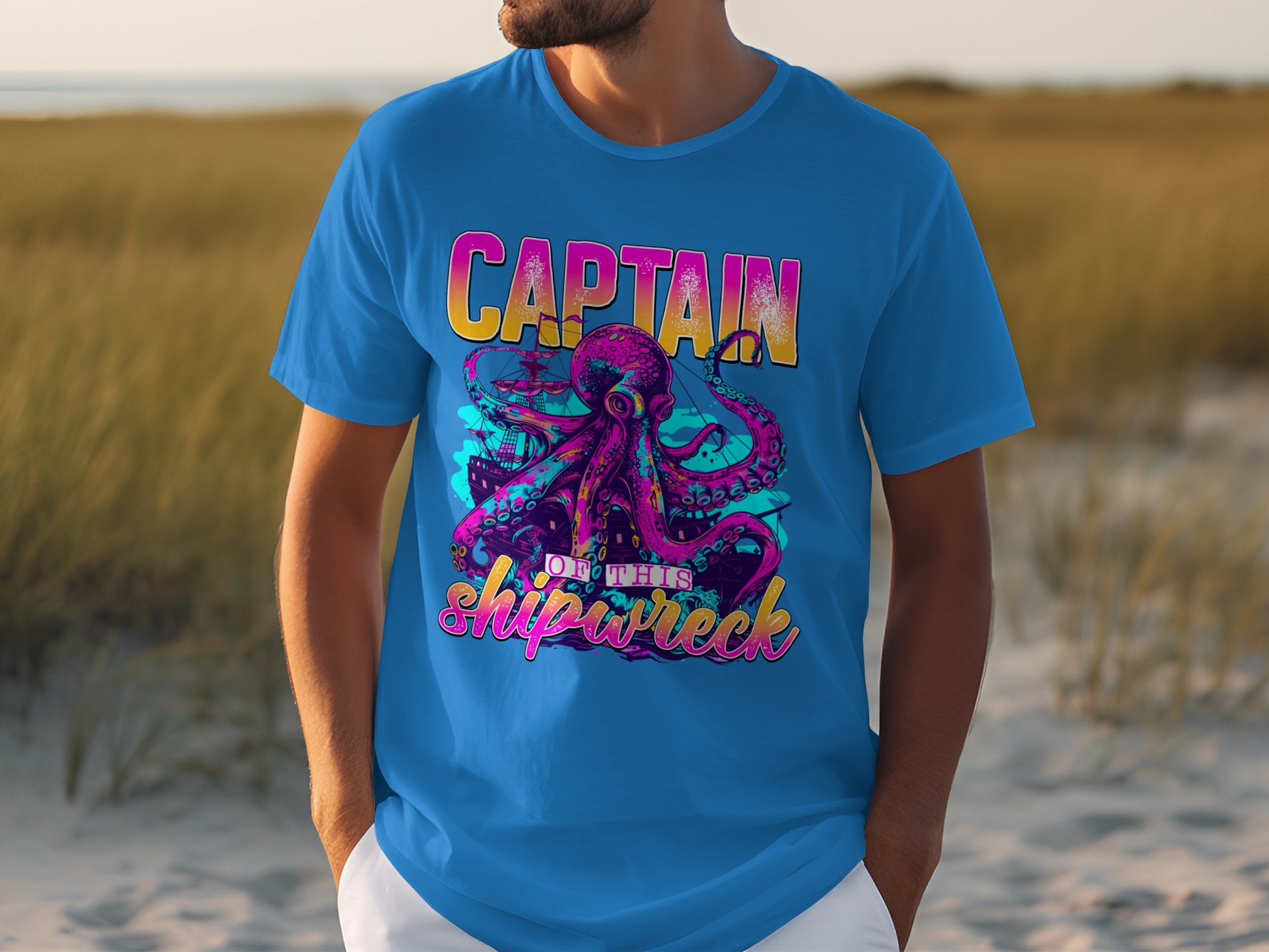 Captain Octopus Shipwreck Graphic Blue T-shirt