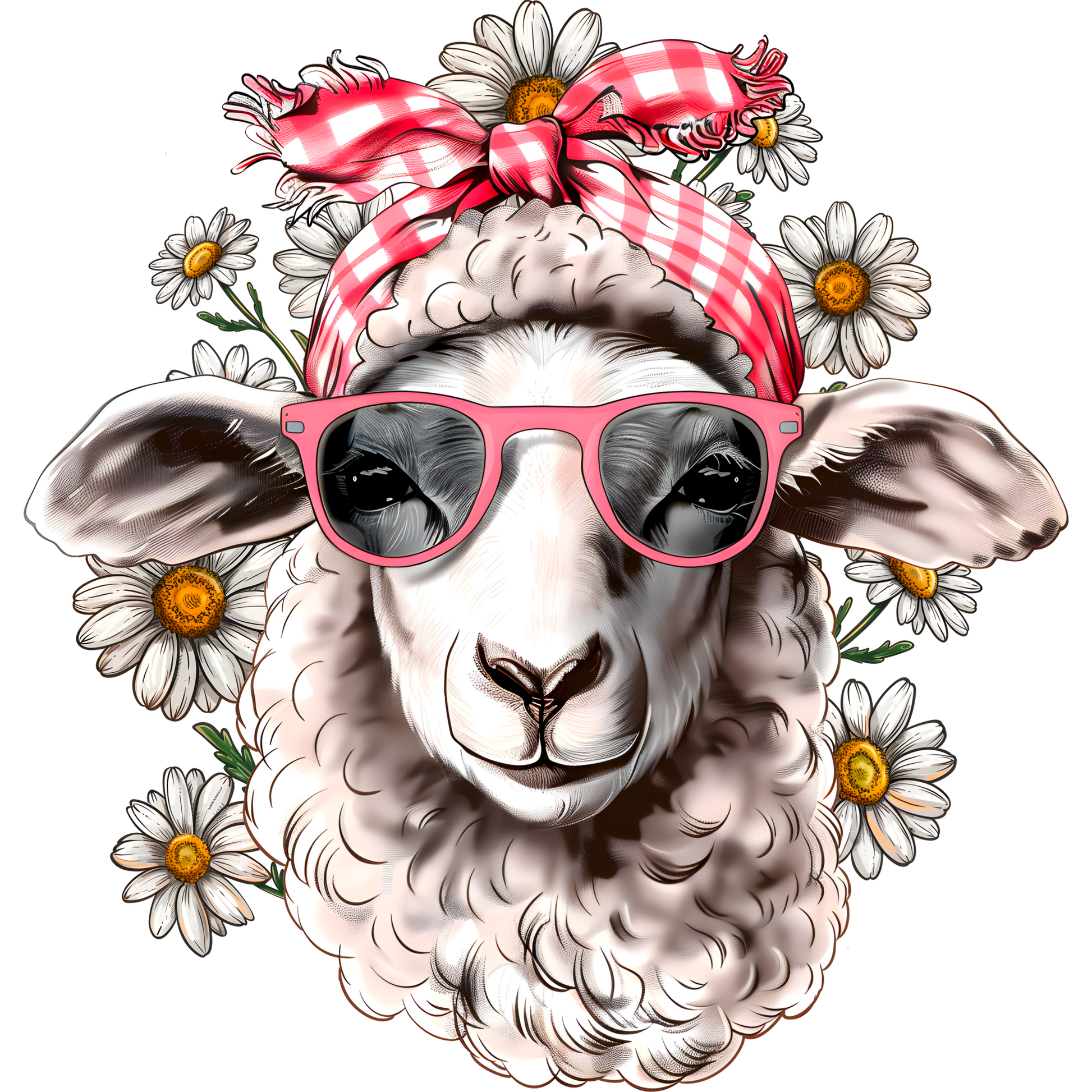 Cool Sheep with Bow and Daisies Digital Print