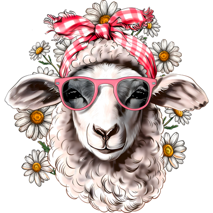 Cool Sheep with Bow and Daisies Digital Print