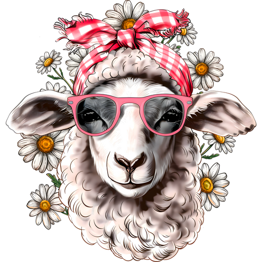 Cool Sheep with Bow and Daisies Digital Print