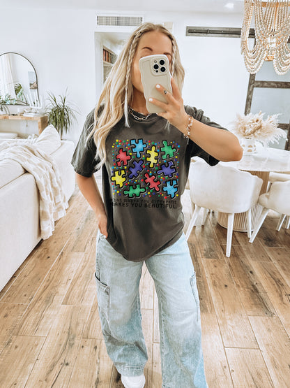 Colorful Puzzle Pieces Graphic T-Shirt for Casual Wear