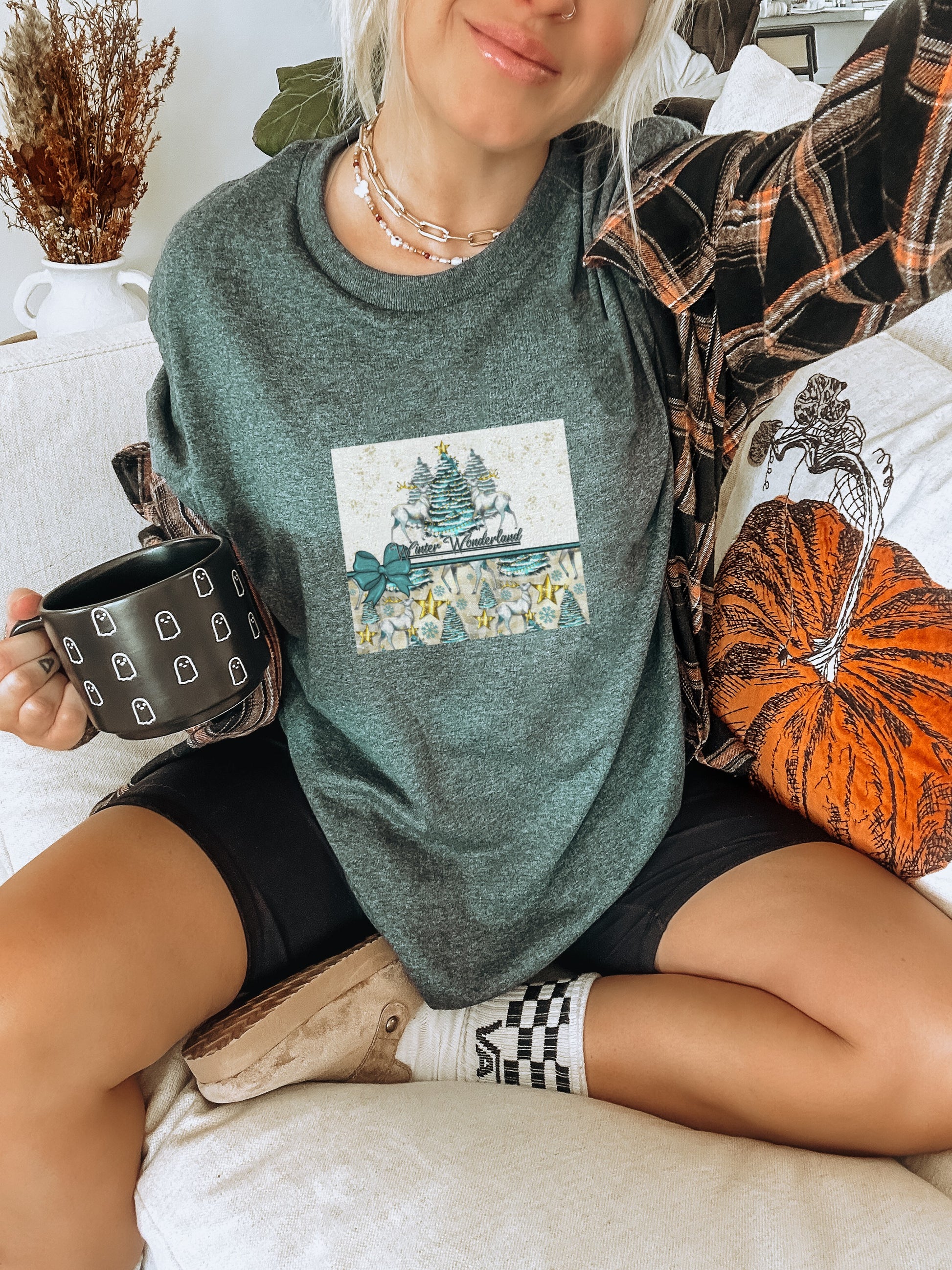 Festive Cat and Tree Holiday Graphic Tee product
