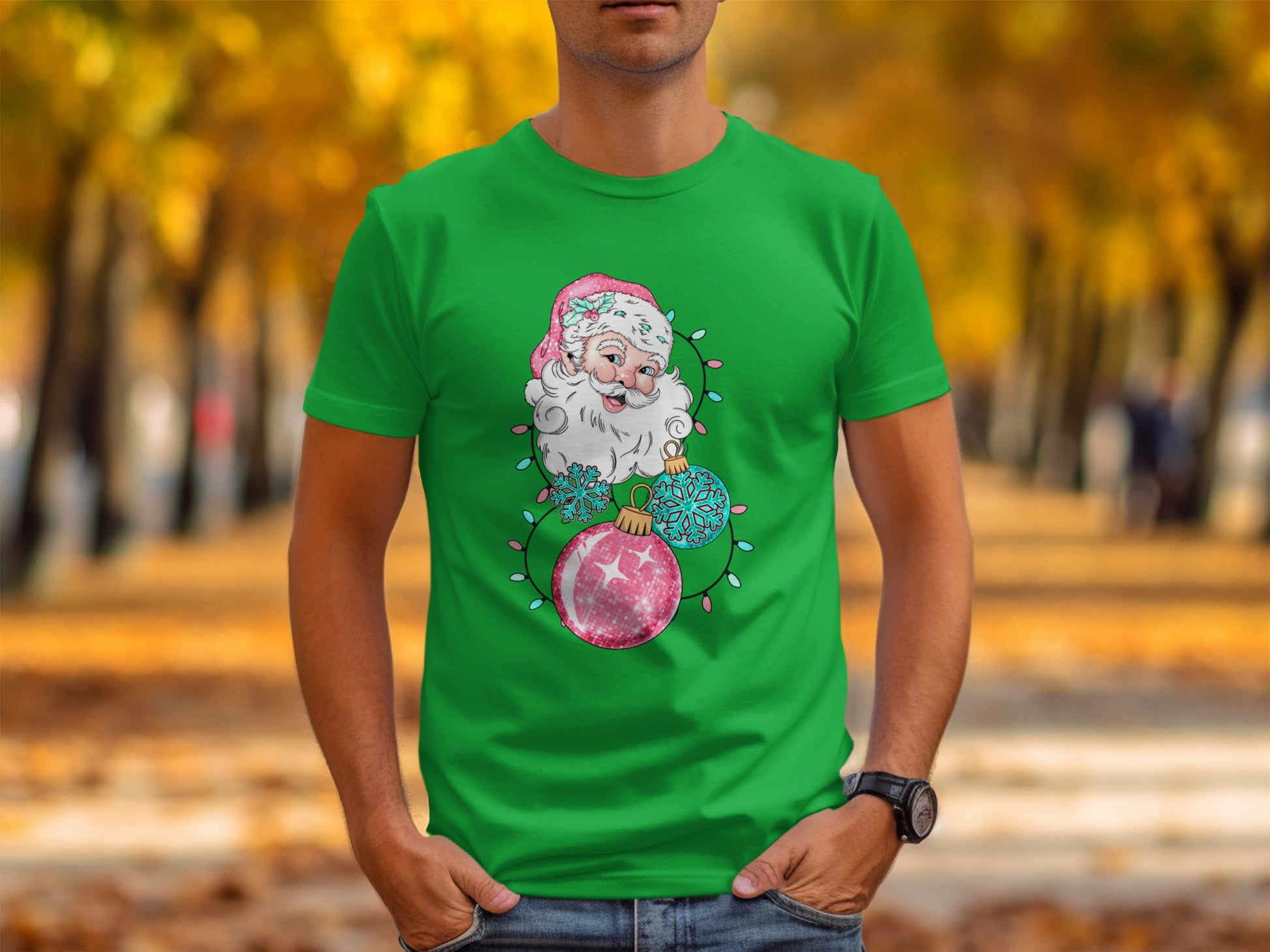 Festive Santa with Christmas Ornaments Graphic T-shirt