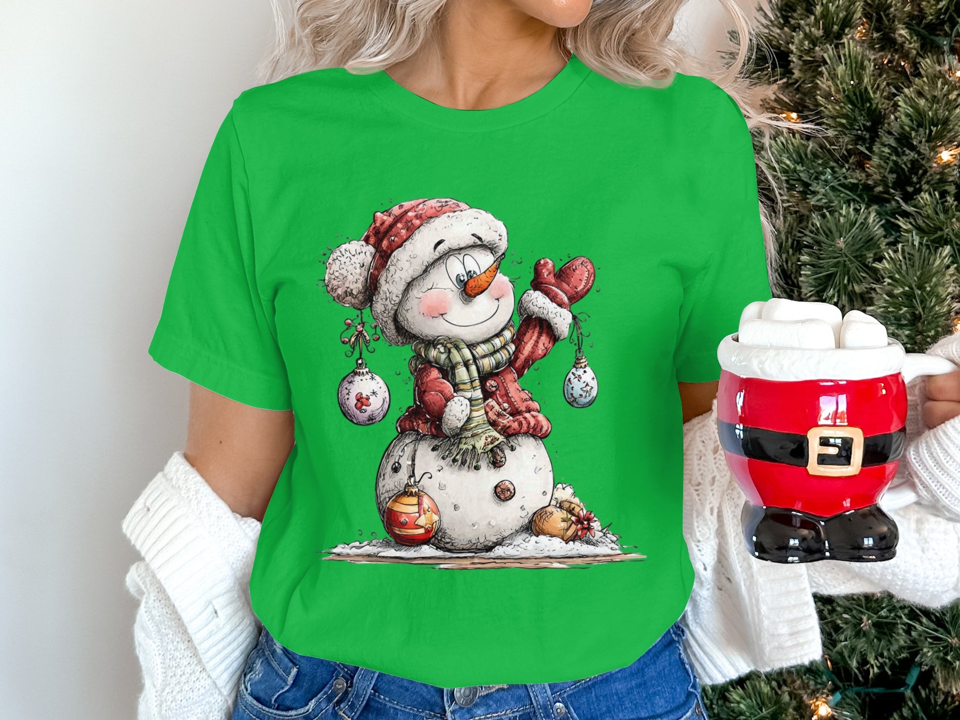 Cheerful Snowman Festive Xmas Green Shirt