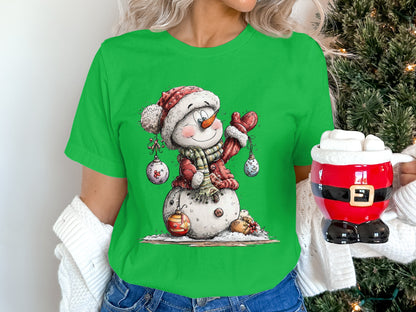 Cheerful Snowman Festive Xmas Green Shirt
