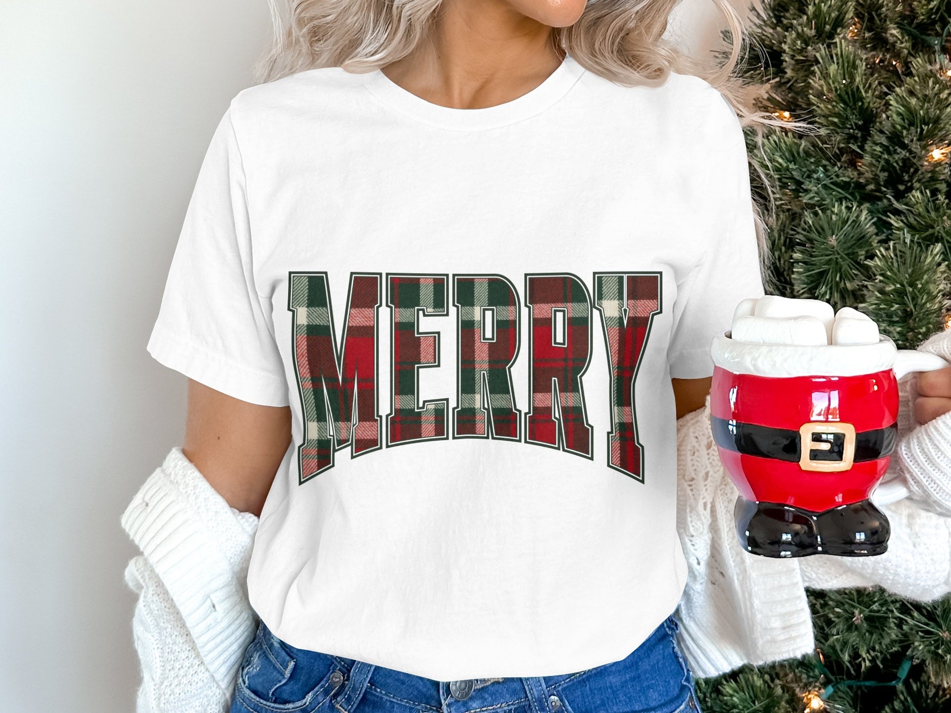 Festive Merry Plaid Text Graphic Holiday T-Shirt
