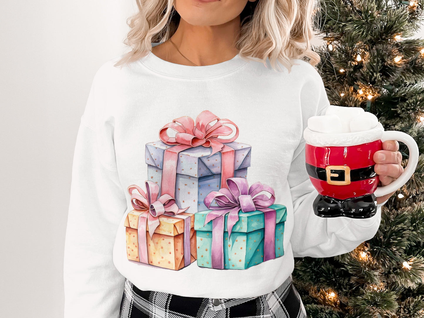 Colorful Gift Boxes and Santa Mug Sweatshirt