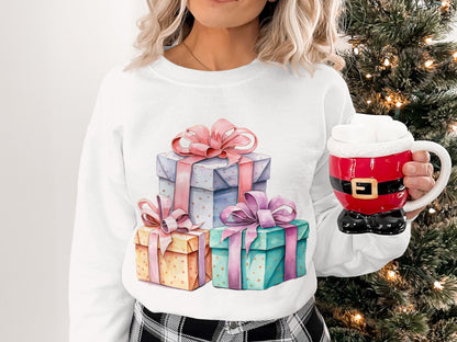 Colorful Gift Boxes and Santa Mug Sweatshirt