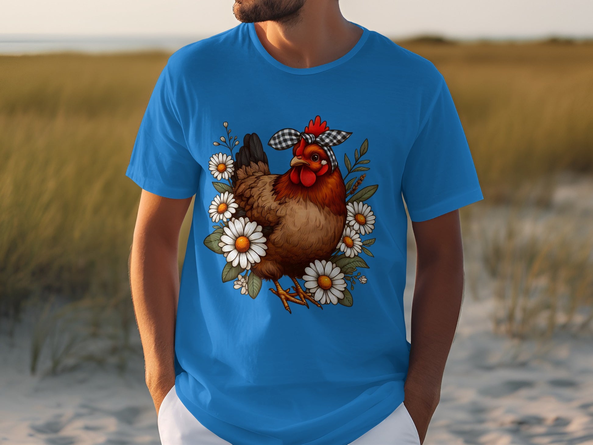 Funny Chicken with Daisy Flowers Graphic Tee