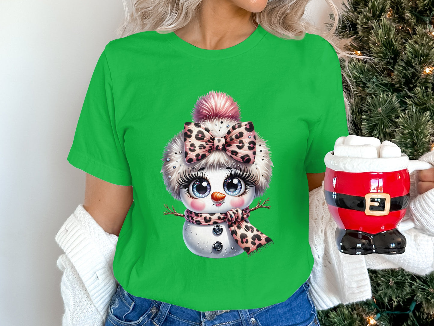 Cute Snowman with Leopard Accents Green T-shirt
