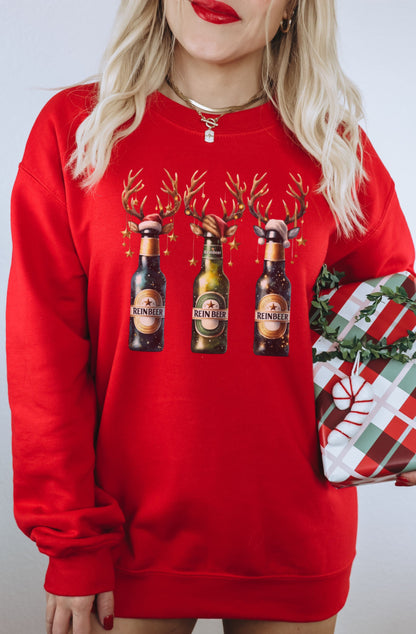 Festive Red Sweatshirt with Reinbeer Bottle Print