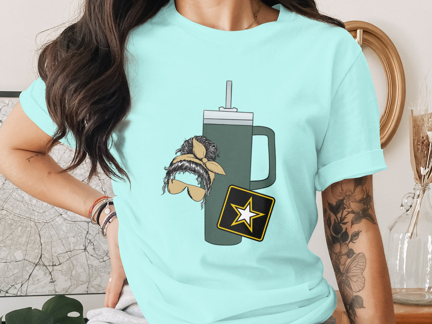 Quirky Graphic Top with Army Star and Mug Design