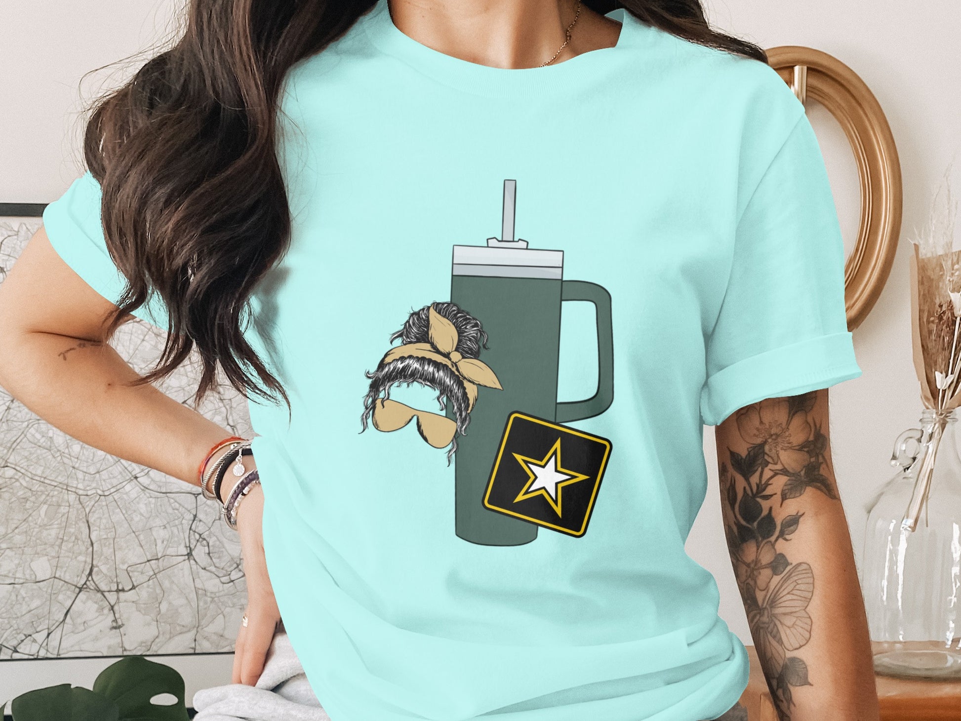 Quirky Graphic Top with Army Star and Mug Design