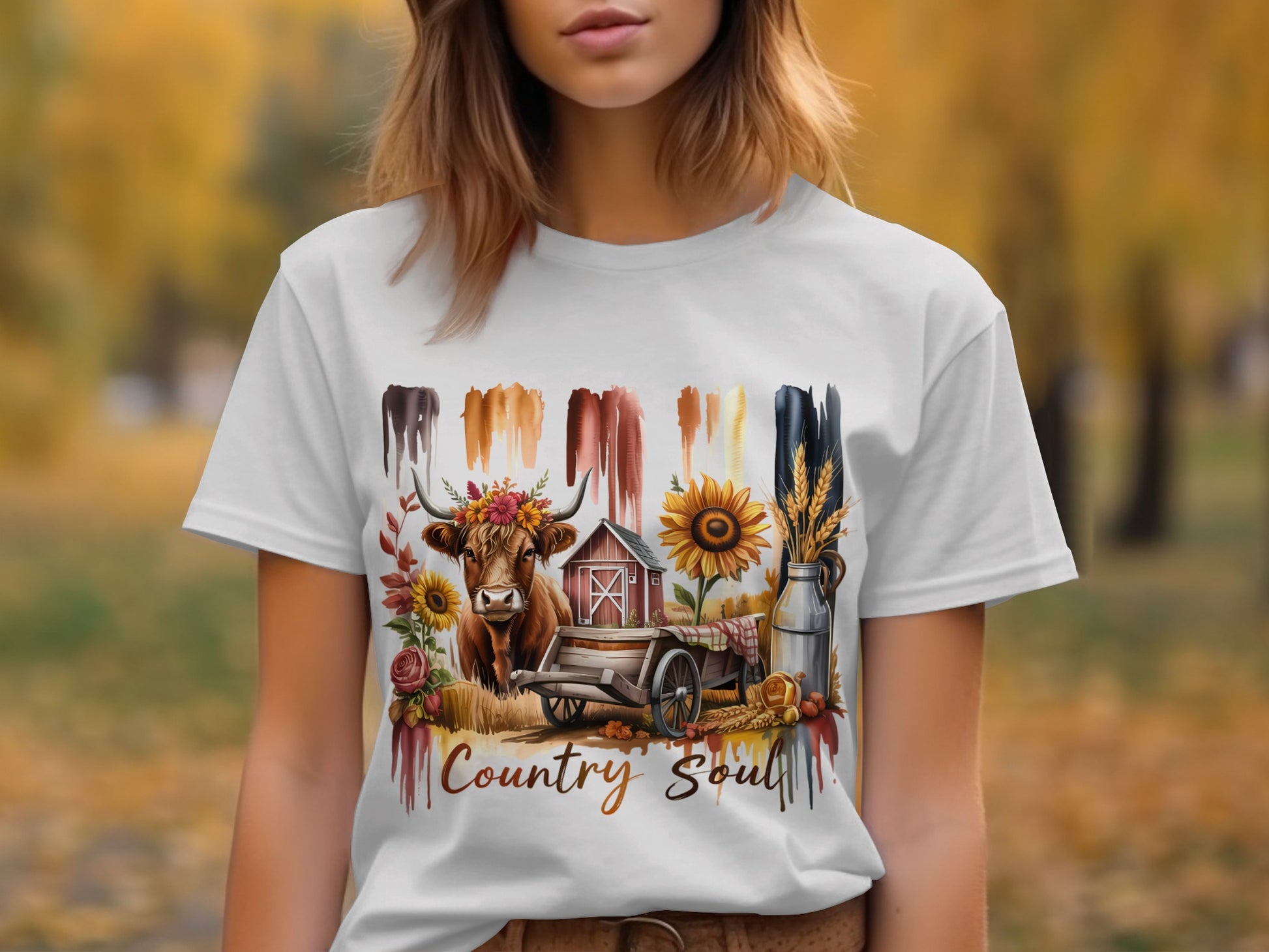 Country Soul Sunflower Barn Cow Art T-shirt