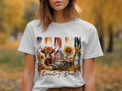 Country Soul Sunflower Barn Cow Art T-shirt