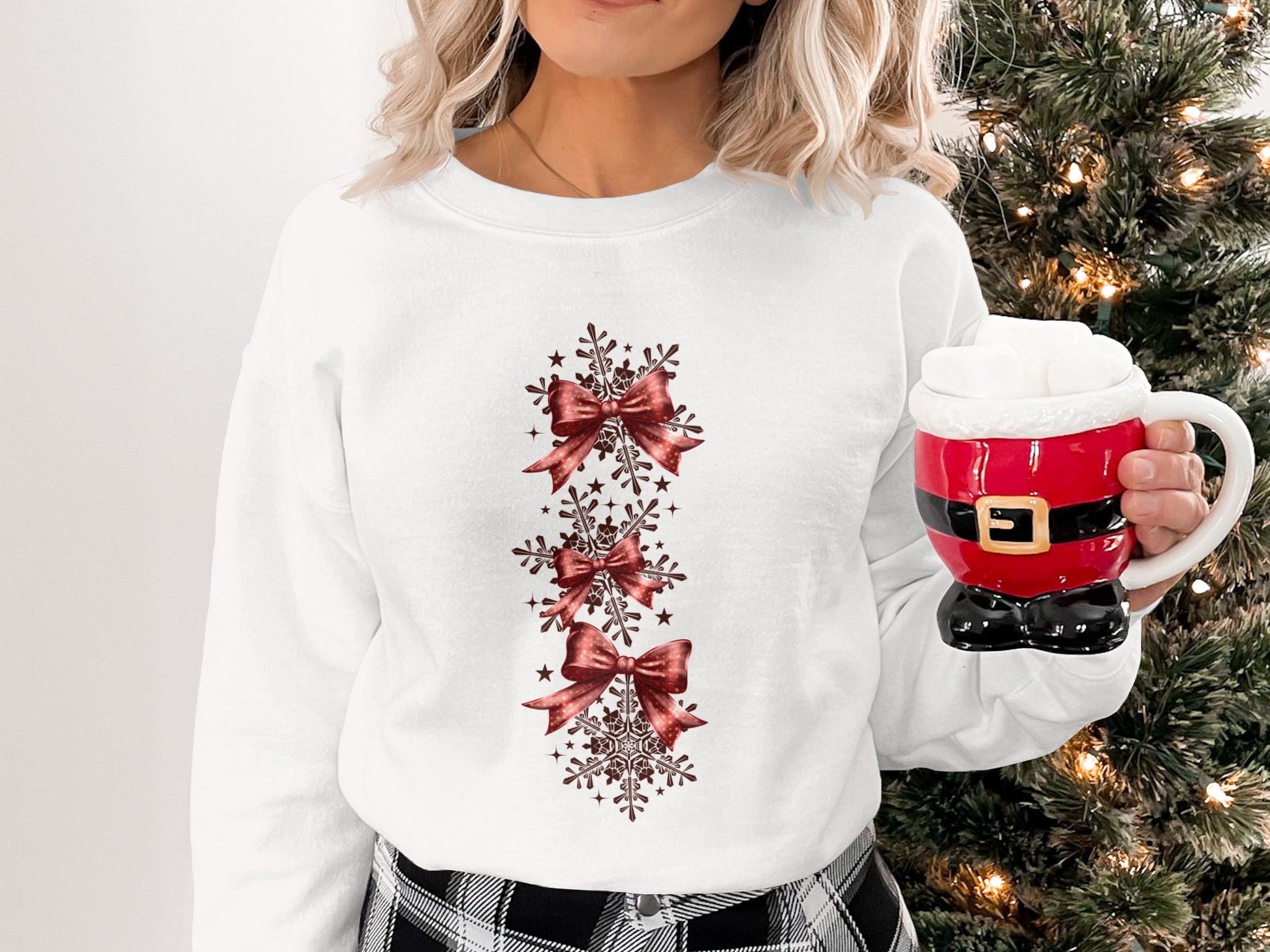 Festive Holiday Snowflakes and Red Bows Graphic Sweatshirt
