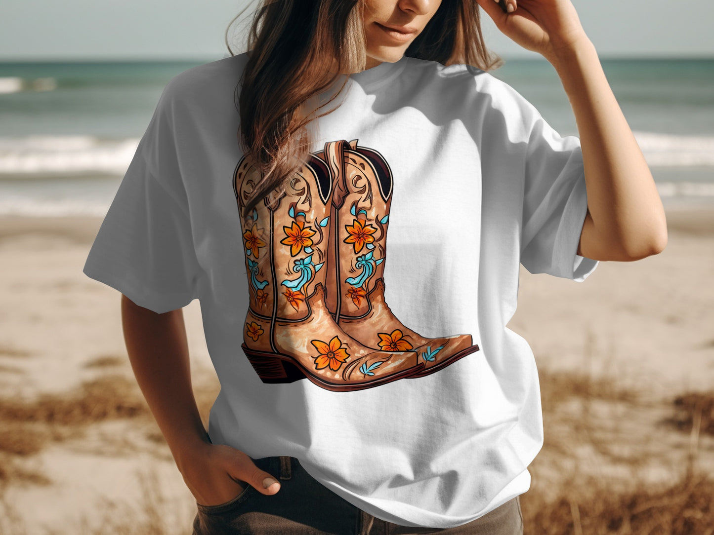 Floral Cowboy Boots Graphic T-Shirt Perfect for Beach Days