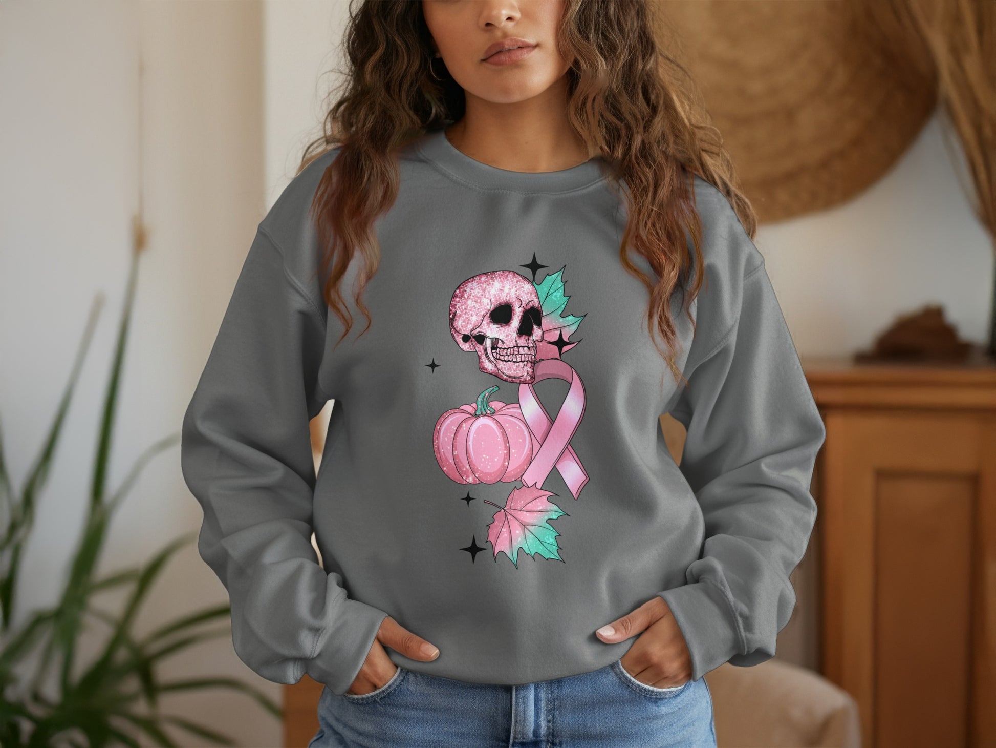 Sparkly Skull Pumpkin and Ribbon Women's Sweatshirt