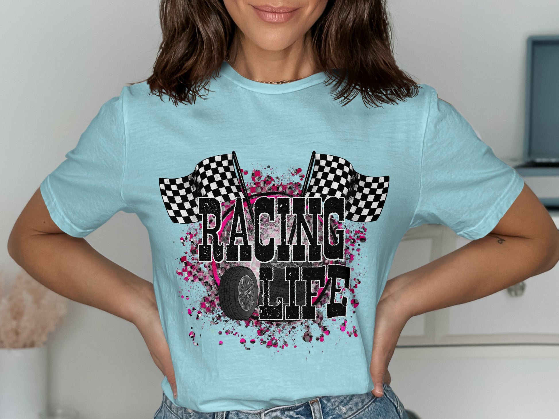 Racing Life Graphic T-Shirt Checkered Flags Design