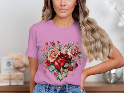 Beautiful Floral Heart Graphic Pink T-shirt Product