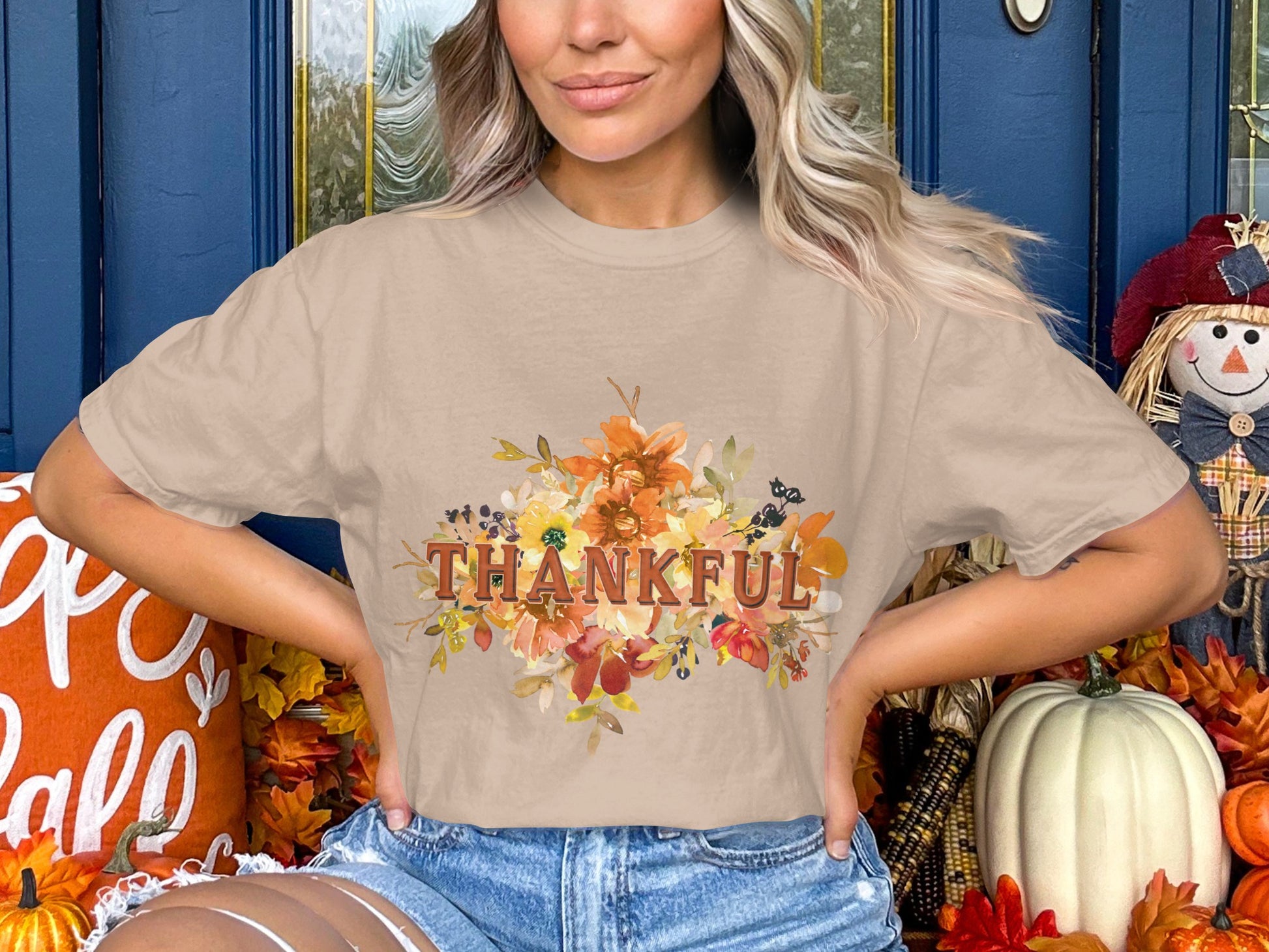 Thankful Autumn Floral Graphic Tee Shirt