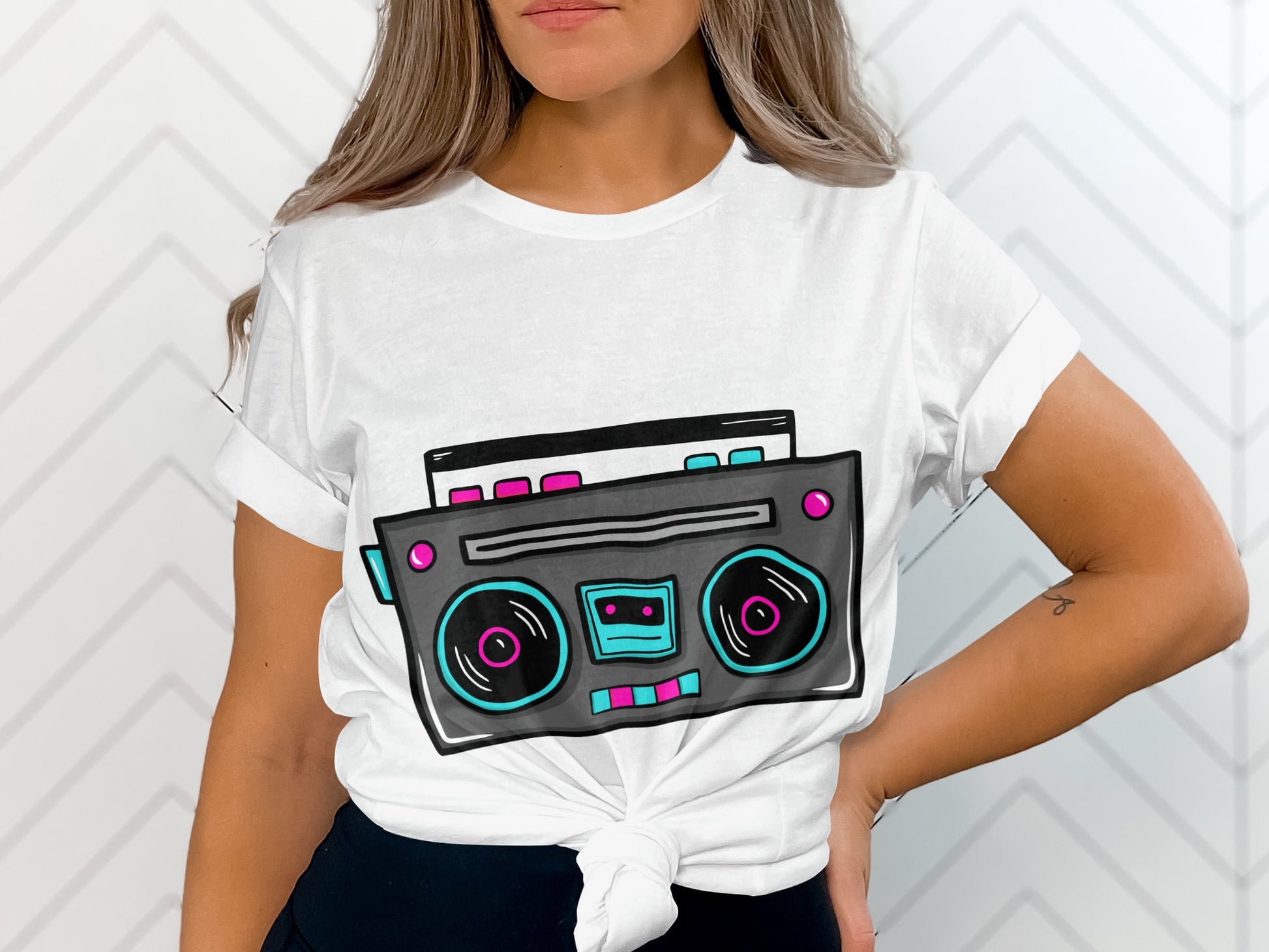 Retro Boombox Graphic Tee with Folded Short Sleeves