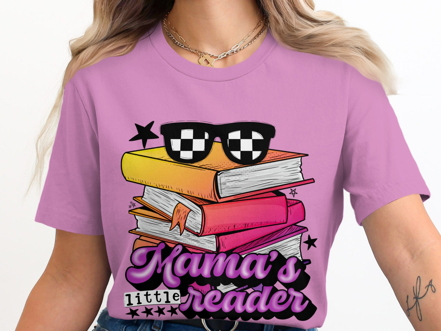 Mama's Little Reader Shirt with Stacked Books Design