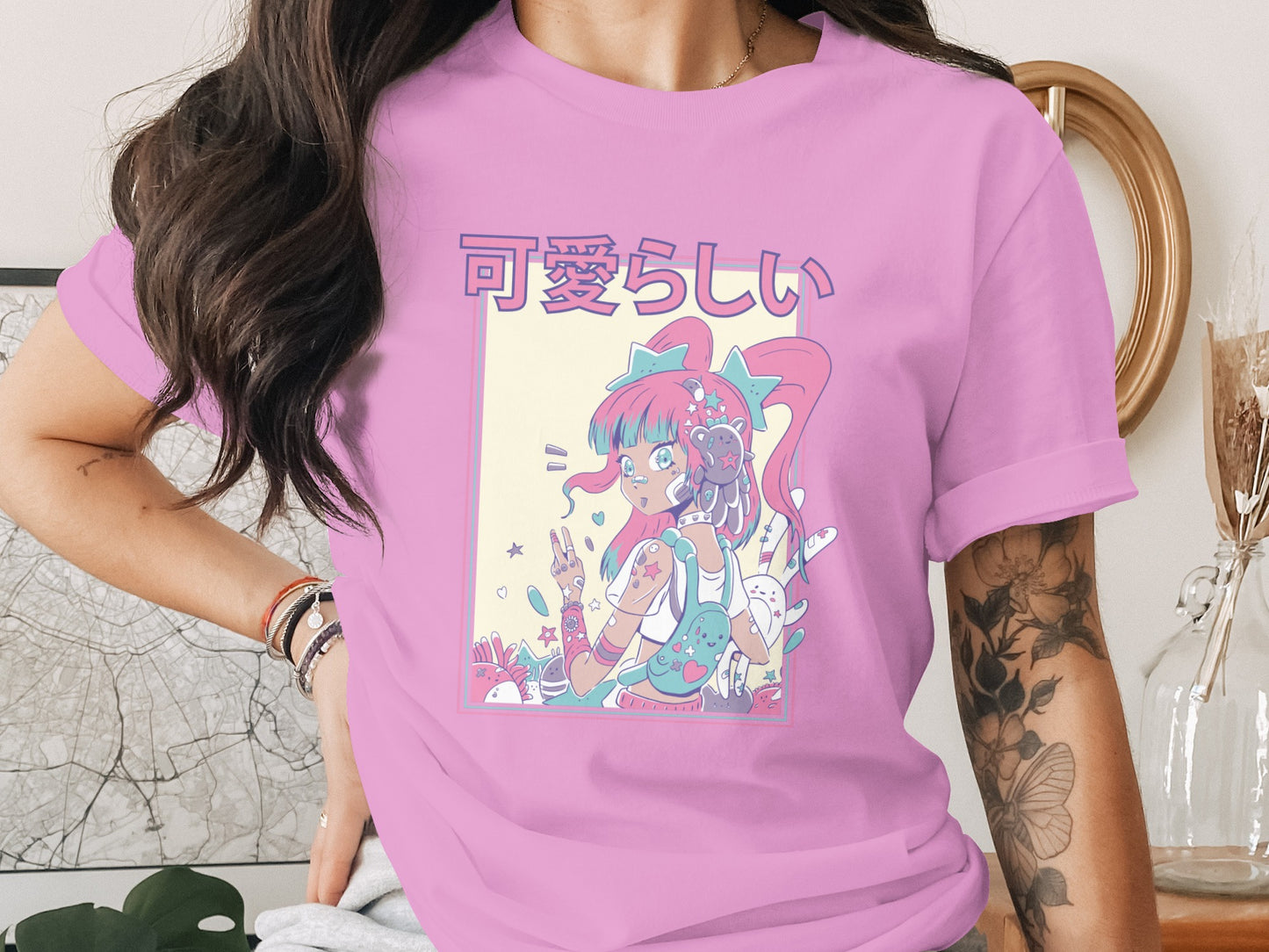 Cute Anime Girl Graphic Pink Tee Shirt Design