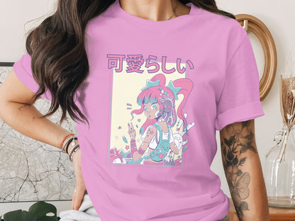 Cute Anime Girl Graphic Pink Tee Shirt Design
