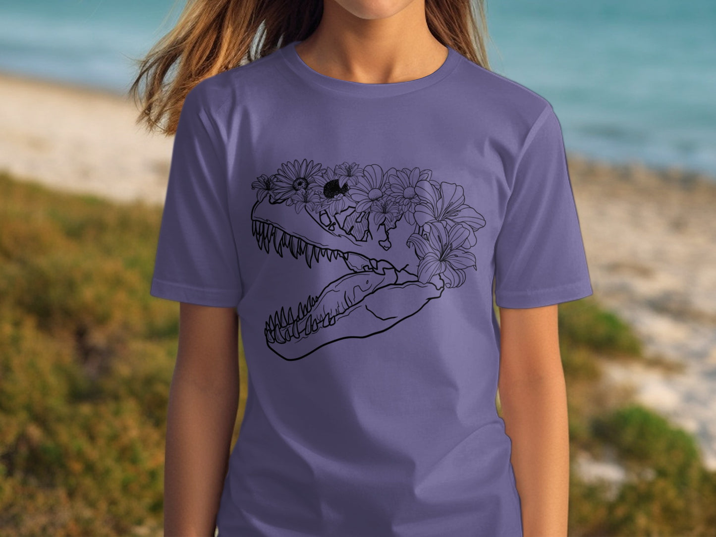 Dinosaur Skull with Flowers Graphic T-Shirt