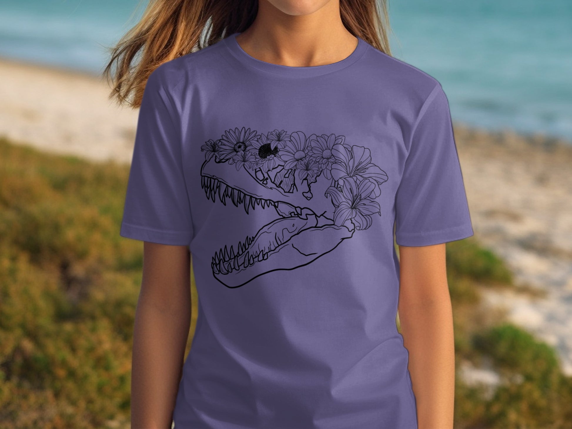 Dinosaur Skull with Flowers Graphic T-Shirt