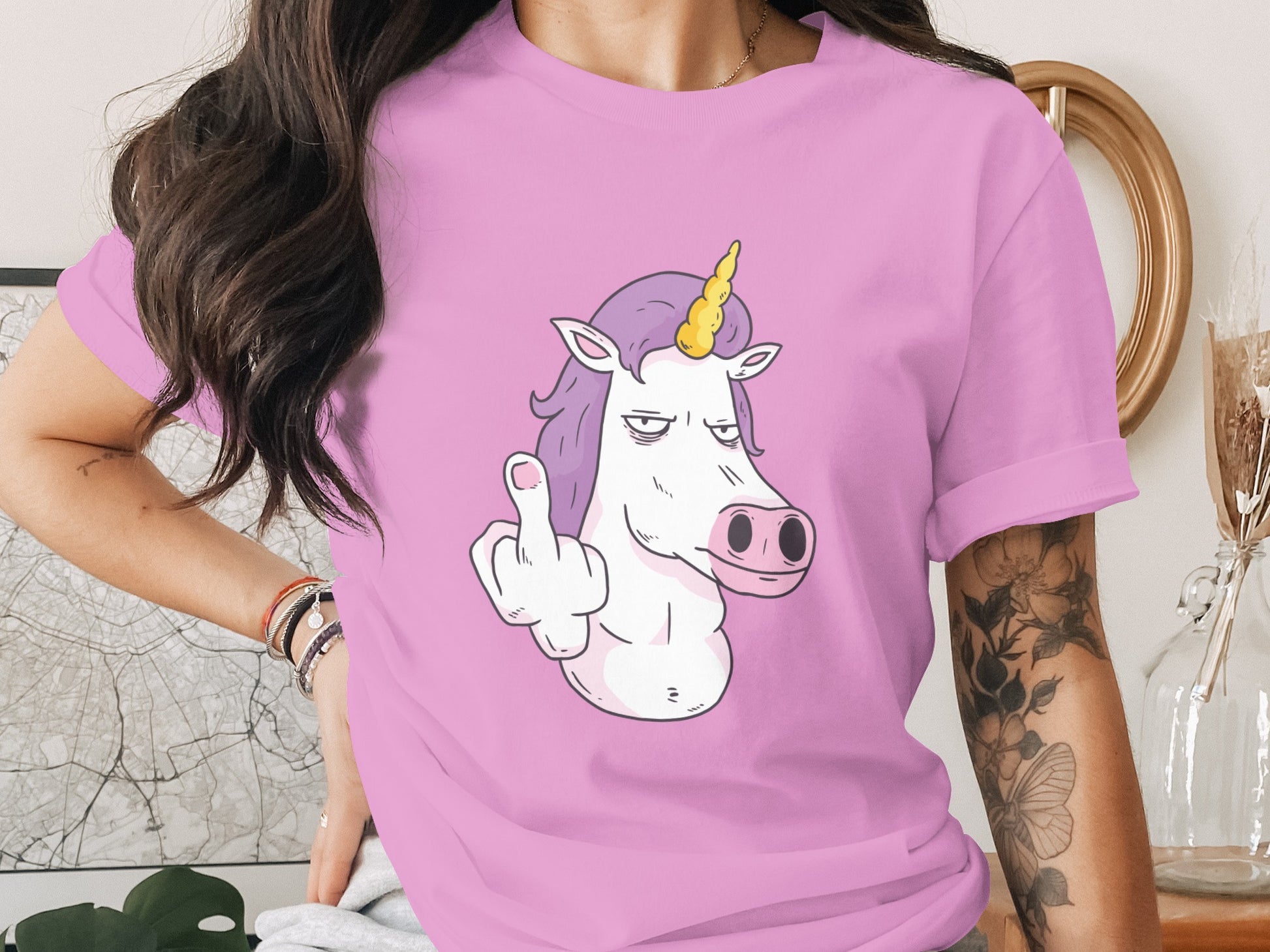 Pink Tshirt With Sassy Unicorn Flipping the Bird Design