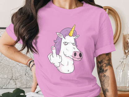 Pink Tshirt With Sassy Unicorn Flipping the Bird Design