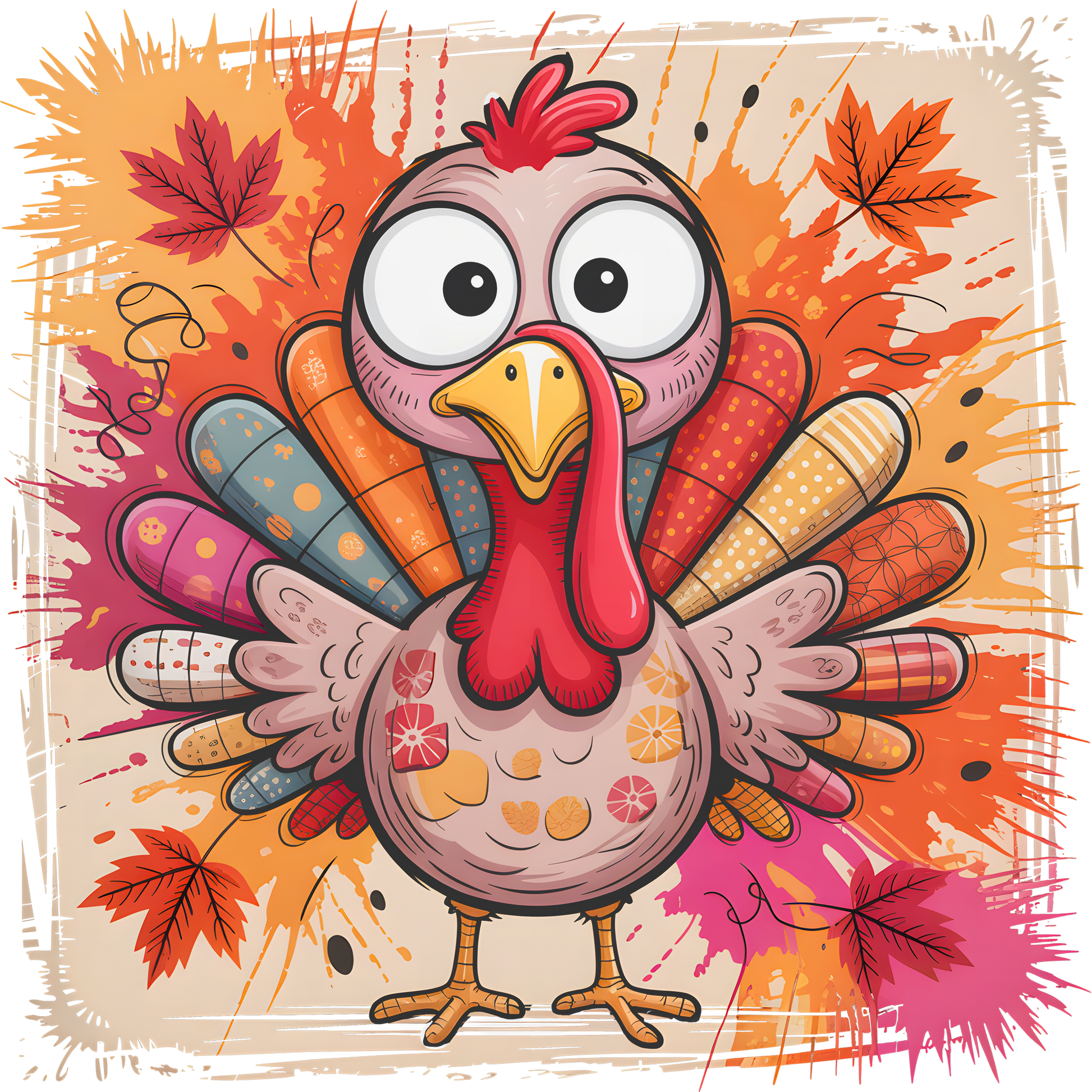 Colorful Cartoon Turkey with Autumn Leaves Print