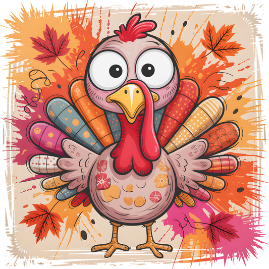 Colorful Cartoon Turkey with Autumn Leaves Print
