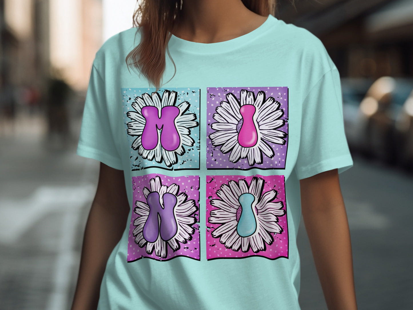 Vibrant Cartoon Florals Graphic Teal and Pink T-shirt