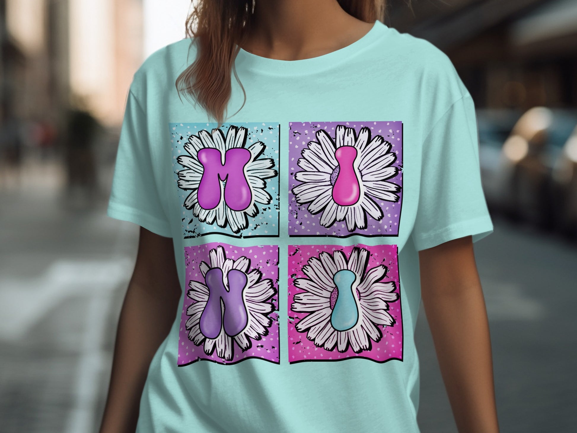 Vibrant Cartoon Florals Graphic Teal and Pink T-shirt