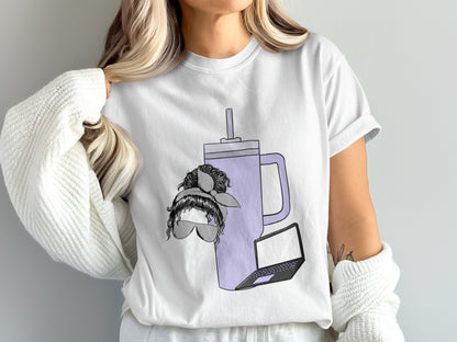 Trendy Tumbler Graphic T-Shirt with Laptop and Bow