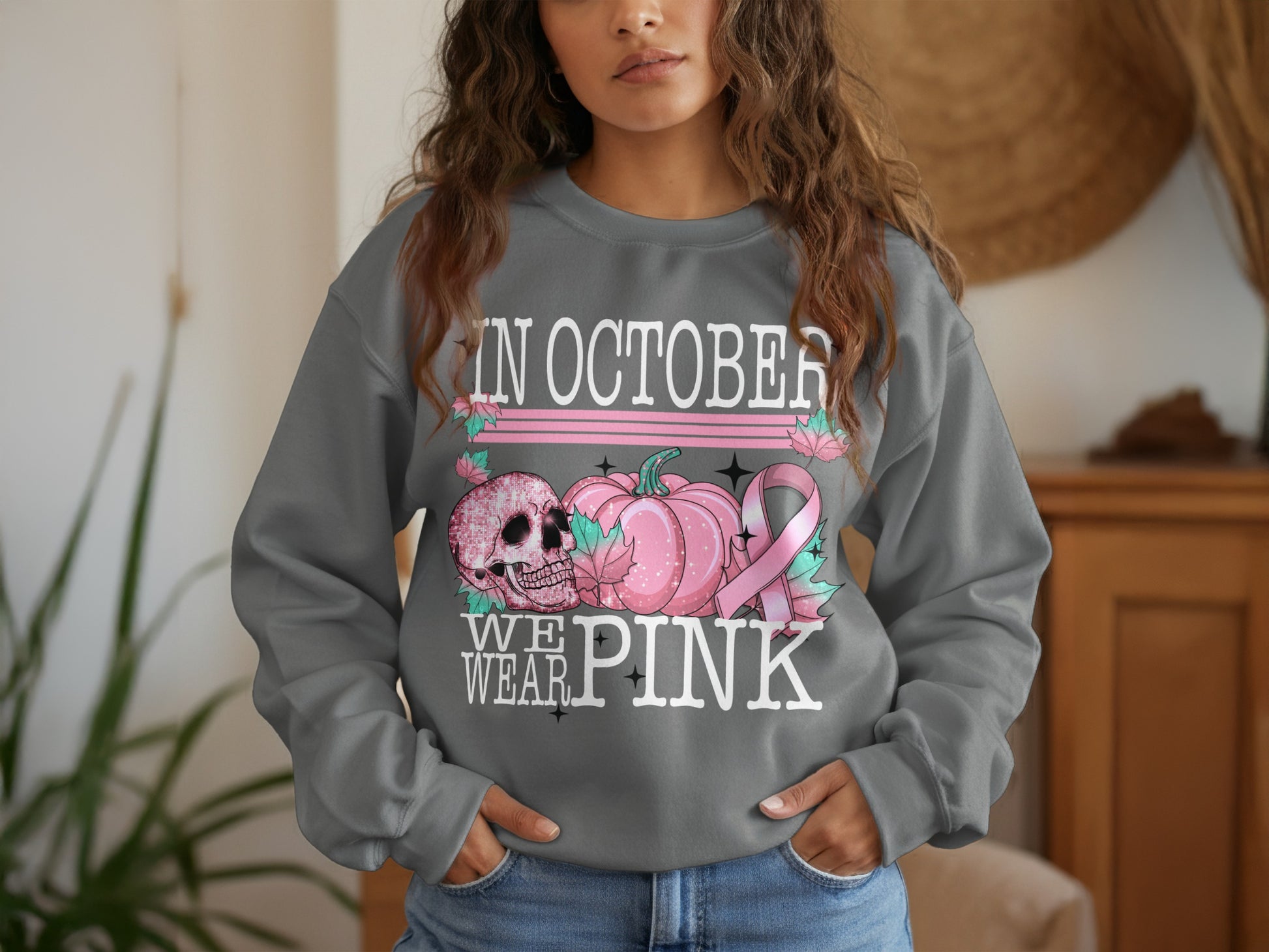 In October We Wear Pink Skull and Pumpkin Sweatshirt