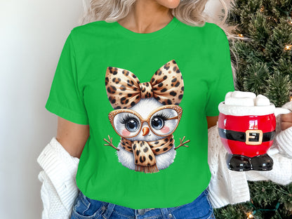 Cute Owl with Bow and Glasses Christmas T-Shirt