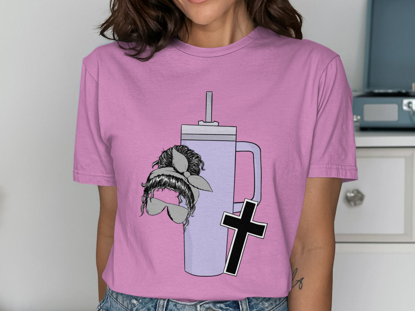 Funny Mustache Cross T-Shirt with Quirky Cup Graphic