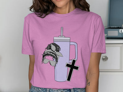 Funny Mustache Cross T-Shirt with Quirky Cup Graphic