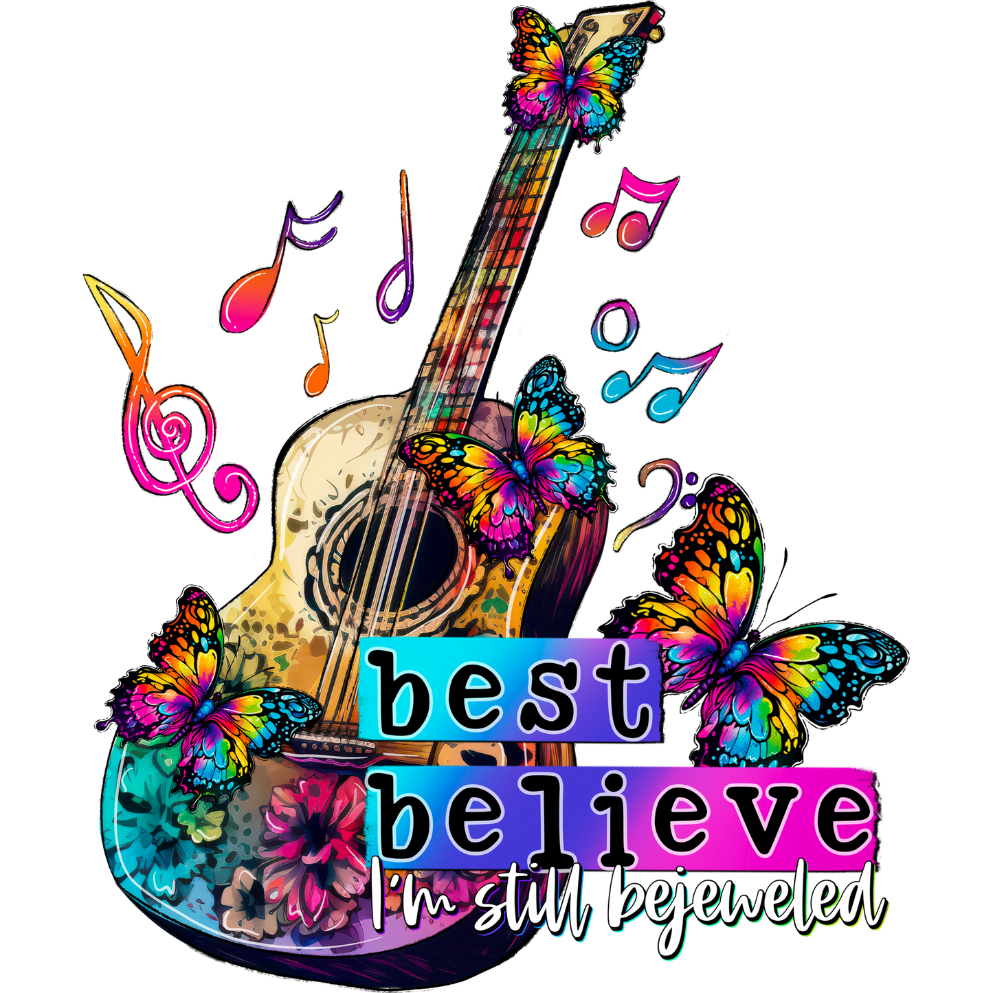 Colorful Guitar with Butterflies and Music Notes Design