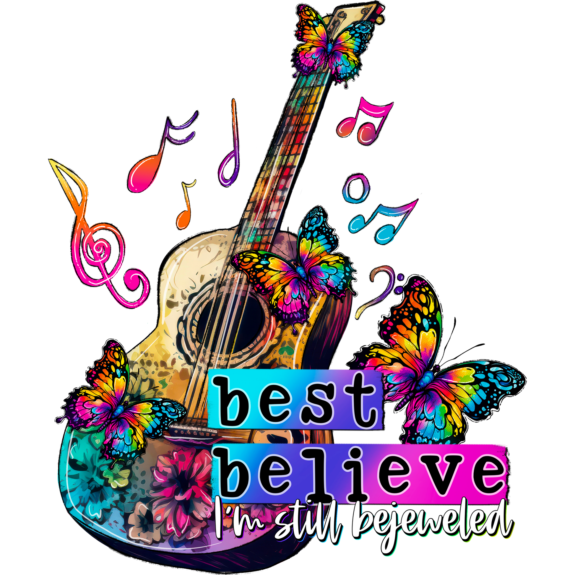 Colorful Guitar with Butterflies and Music Notes Design
