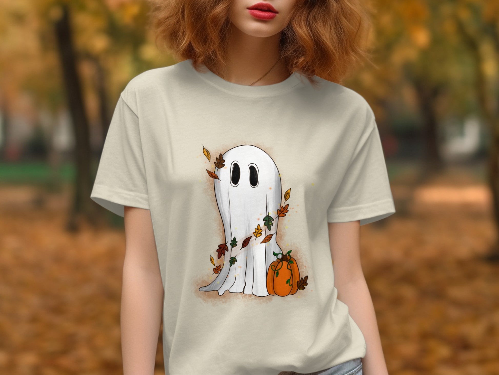 Cute Ghost with Leaves and Pumpkin Print T-shirt