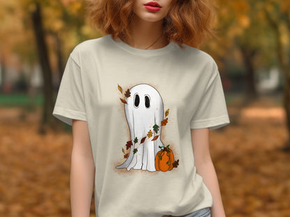 Cute Ghost with Leaves and Pumpkin Print T-shirt