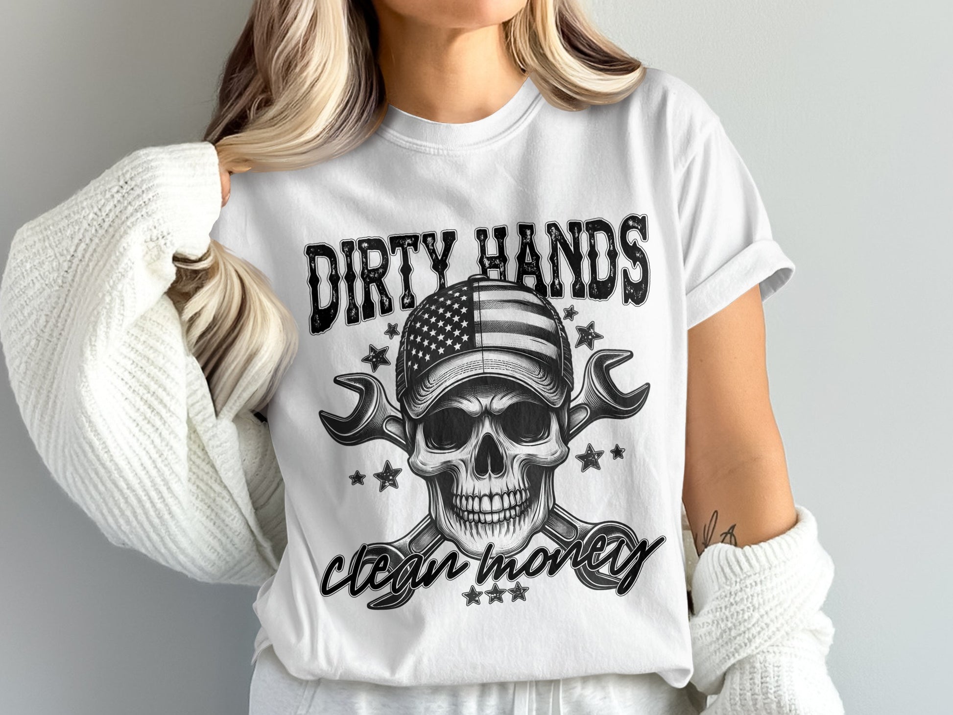 Dirty Hands Clean Money Skull Graphic T-Shirt