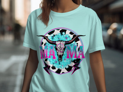Mama Cow Skull and Stars Light Blue Graphic Shirt